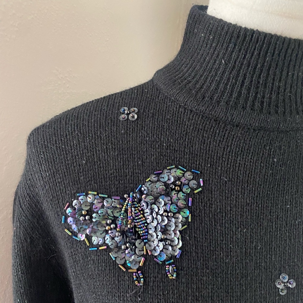 Vtg Black Mockneck Beaded Sequin Butterfly Appliqué Sweater Cottage Coquette L - Picture 2 of 9